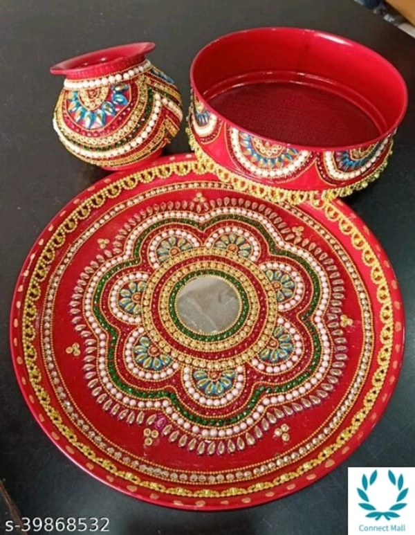 Karwa Chuth & Dewali Puja Articles Stainless Steel Red Thali With Lotta And Chalini